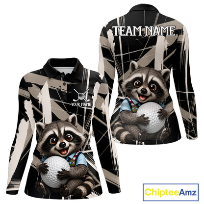 Womens Funny Cute Raccoon Women Golf Polo Shirts Custom Beige & Cream Brush Golf Team Outfit, Golf Gifts NYN3998