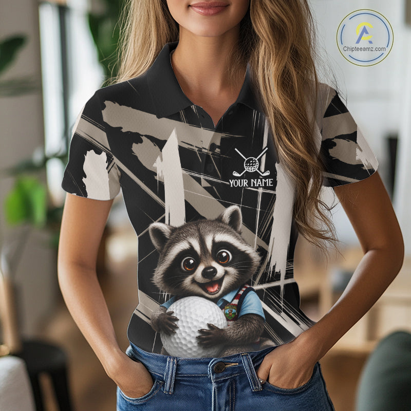 Womens Funny Cute Raccoon Women Golf Polo Shirts Custom Beige & Cream Brush Golf Team Outfit, Golf Gifts NYN3998
