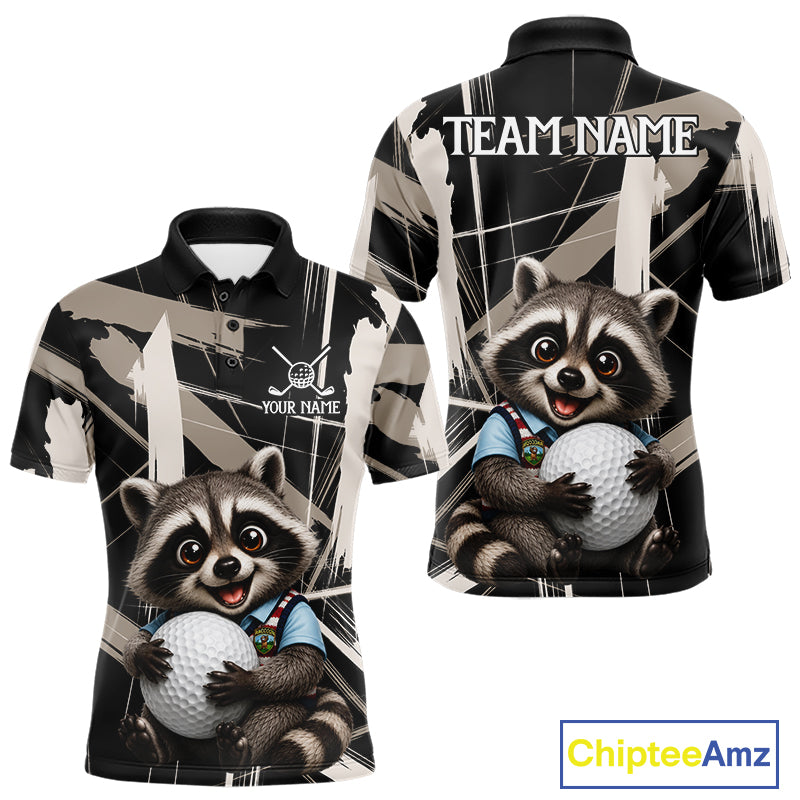 Mens Funny Cute Raccoon Golf Polo Shirts Custom Beige & Cream Brush Golf Team Outfit, Golf Gifts NYN3998