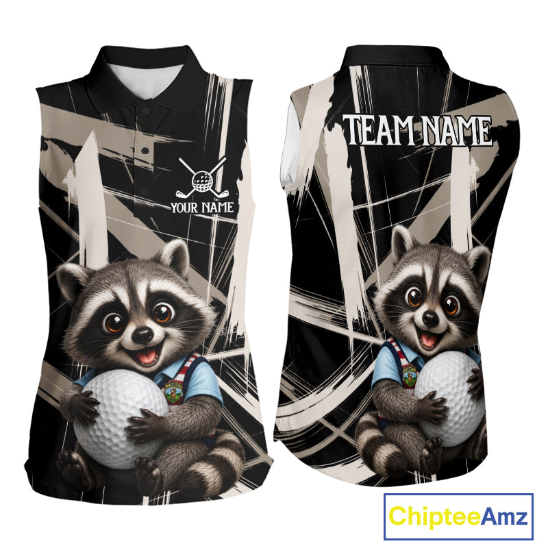 Womens Funny Cute Raccoon Womens Golf Sleeveless Polo Shirts Custom Beige & Cream Brush Golf Team Outfit, Golf Gifts NYN3998