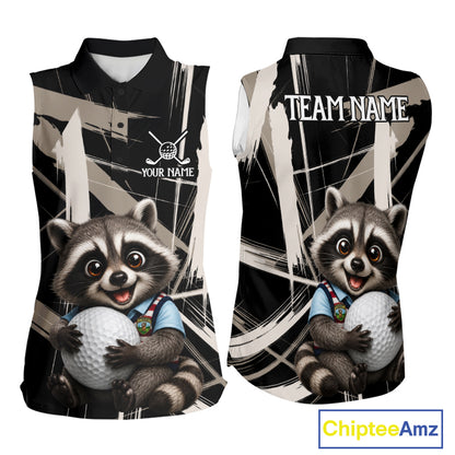 Womens Funny Cute Raccoon Womens Golf Sleeveless Polo Shirts Custom Beige & Cream Brush Golf Team Outfit, Golf Gifts NYN3998