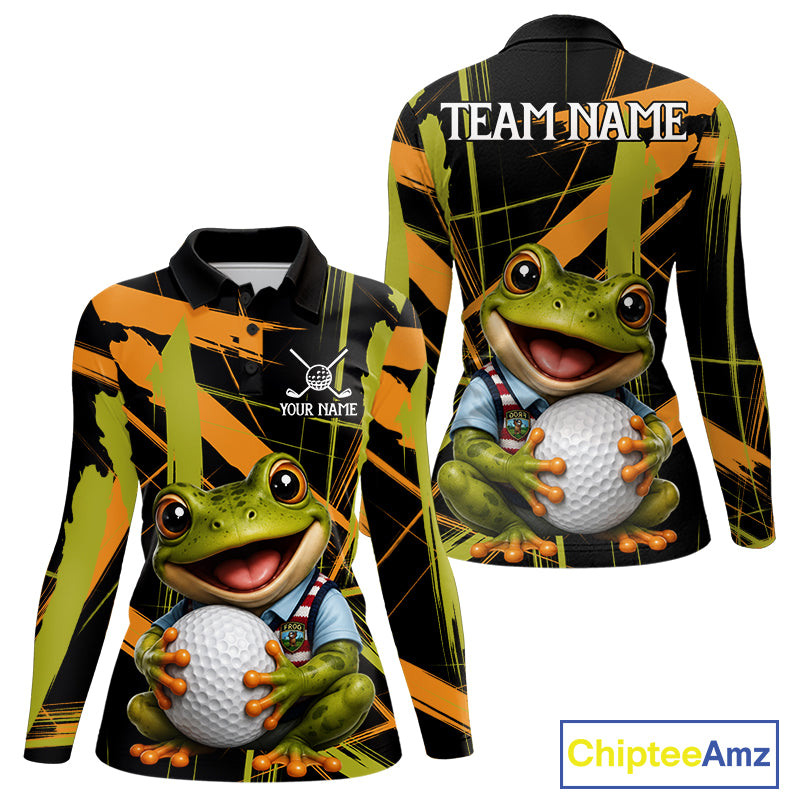 Womens Funny Cute Frog Women Golf Polo Shirts Custom Yellow & Green Brush Golf Team Outfit, Golf Gifts NYN3999