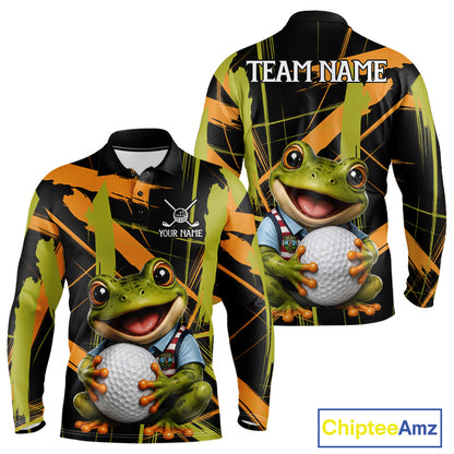 Mens Funny Cute Frog Golf Polo Shirts Custom Yellow & Green Brush Golf Team Outfit, Golf Gifts NYN3999