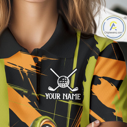 Womens Funny Cute Frog Women Golf Polo Shirts Custom Yellow & Green Brush Golf Team Outfit, Golf Gifts NYN3999