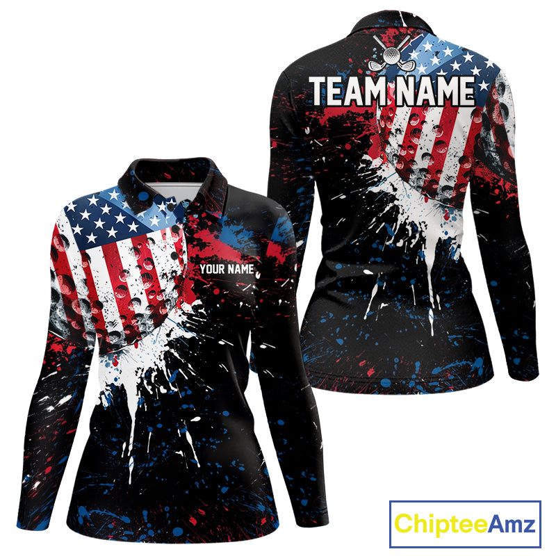 Splatter Golf Ball Personalized Womens Patriot Golf Polo Shirt Custom US Flag Golf Team Gifts NYN4000
