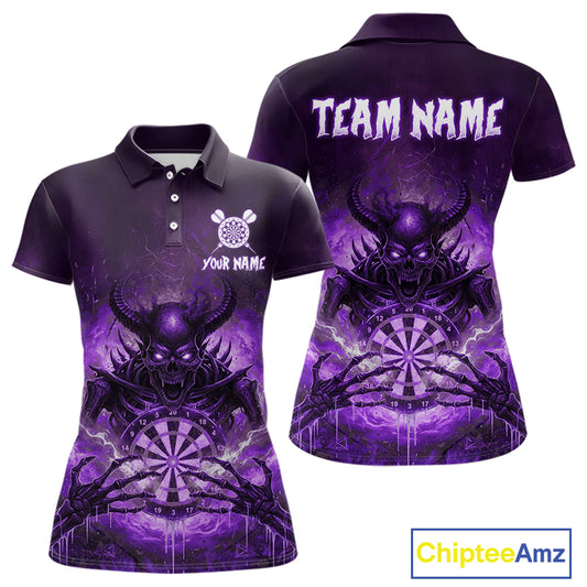 Custom Purple Flames Skeleton Grunge Dartboard Women Darts Polo Shirt Horror Dart Jerseys NYN1898