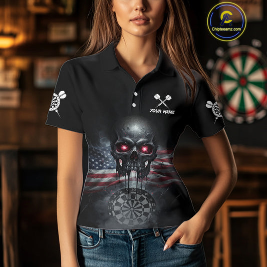 Custom Smoke US Flag Black Dripping Skull Women Darts Polo Shirt Patriotic Dart Jerseys NYN1899