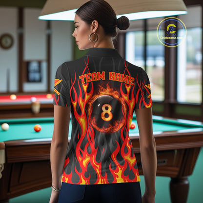 Fire Flame 8 Ball Pool Women Billiard Polo & 1/4-Zip Attire Custom Red Billiard Shirt Designs NYN2412