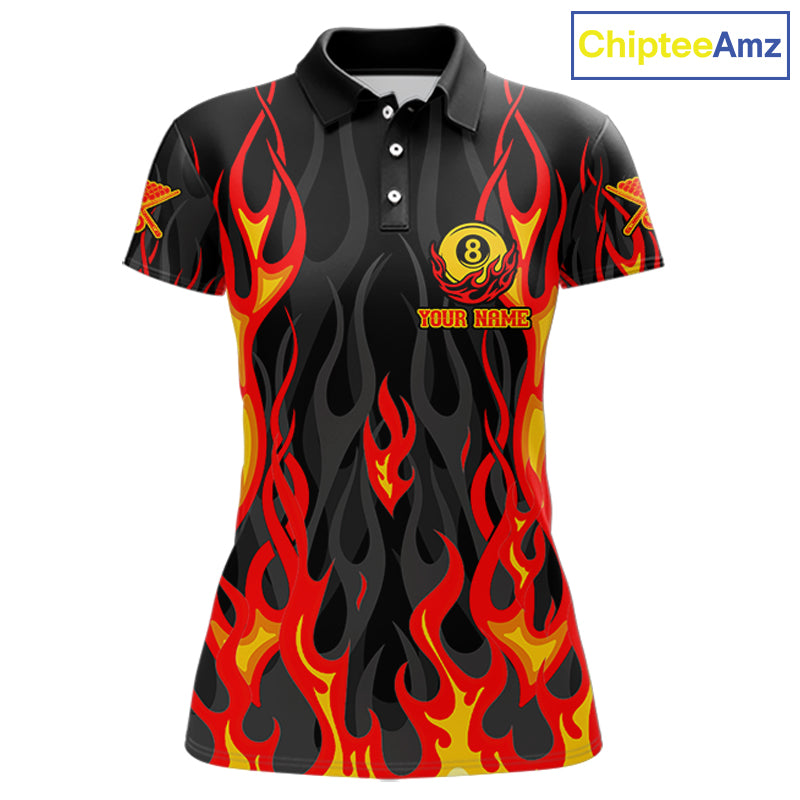 Fire Flame 8 Ball Pool Women Billiard Polo & 1/4-Zip Attire Custom Red Billiard Shirt Designs NYN2412