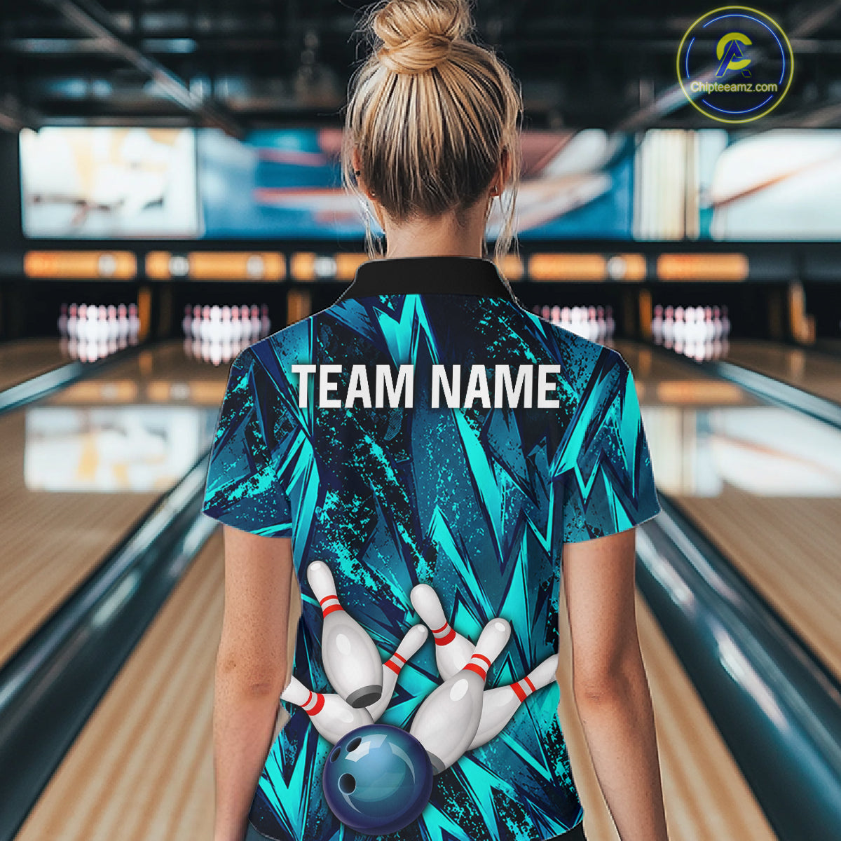Strike Bowling Ball & Pins Grunge Cyan Women Bowling Shirts Personalized Bowling Team Outfits NYN3189