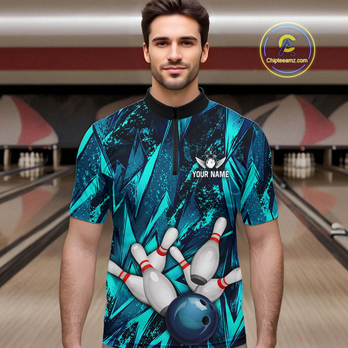 Strike Bowling Ball & Pins Grunge Cyan Men Bowling Shirts Personalized Bowling Team Outfits NYN3189