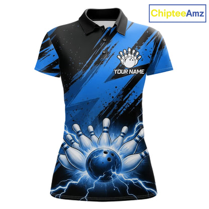 Thunder lightning bowling polo shirt for women blue stripes bowling jersey