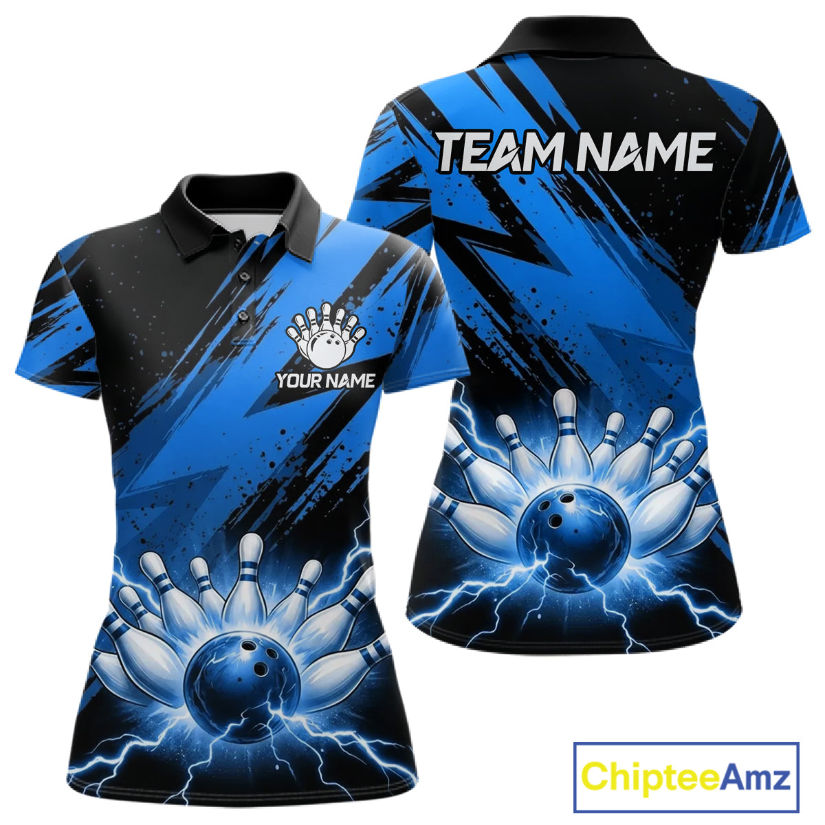 Thunder lightning bowling polo shirt for women blue stripes bowling jersey