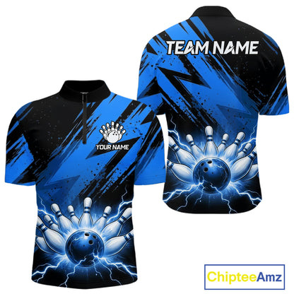 Thunder lightning bowling polo quarter zip shirt for men blue stripes bowling jersey