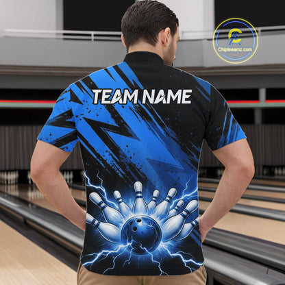 Mens Thunder Lightning Bowling Polo 1/4-Zip Shirts Custom Blue Stripes Team Bowling Jerseys NYN3455