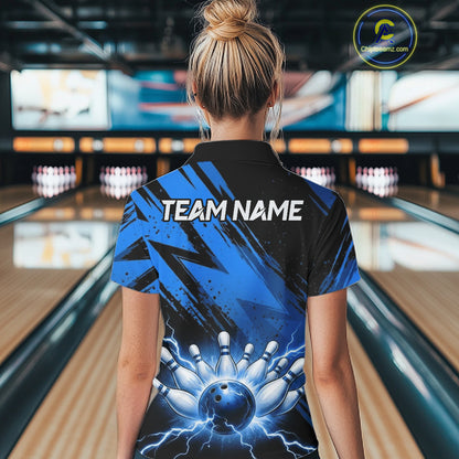 Womens Thunder Lightning Bowling Polo 1/4-Zip Shirts Custom Blue Stripes Team Bowling Jerseys NYN3455