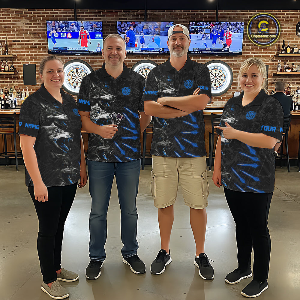 Custom Black And Blue Wolfs Grunge Dart Team Shirts For Women Outfits Dart Tournament Jerseys NYN4014