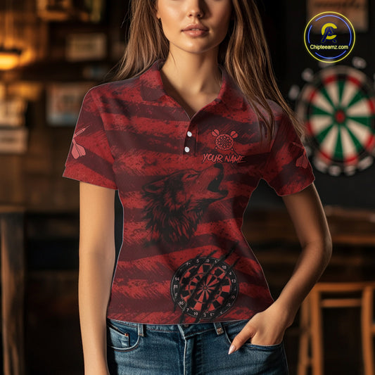 Custom Red Grunge Wolf Torn Dartboard Women Darts Polo Shirt Wolf Dart League Jerseys NYN2166