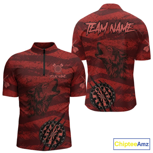 Custom Red Grunge Wolf Torn Dartboard Men Darts Quarter-Zip Shirt Wolf Dart League Jerseys NYN2166