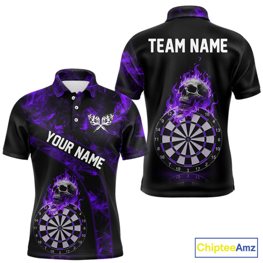 Custom Black & Purple Flaming Skull Darts Polo Shirt For Men Skull Dart League Jerseys NYN2170