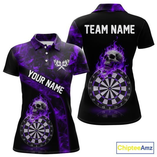 Custom Black & Purple Flaming Skull Darts Polo Shirt For Women Skull Dart League Jerseys NYN2170