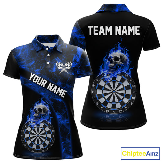 Custom Black & Blue Flaming Skull Darts Polo Shirt For Women Skull Dart League Jerseys NYN2171