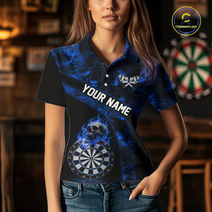 Custom Black & Blue Flaming Skull Darts Polo Shirt For Women Skull Dart League Jerseys NYN2171
