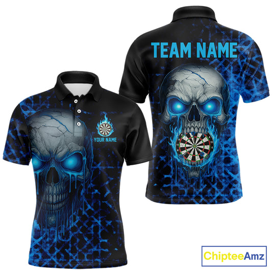 Custom Blue Dripping Skull Darts Polo Shirt For Men Fire Flame Skull Dart League Jerseys NYN2173