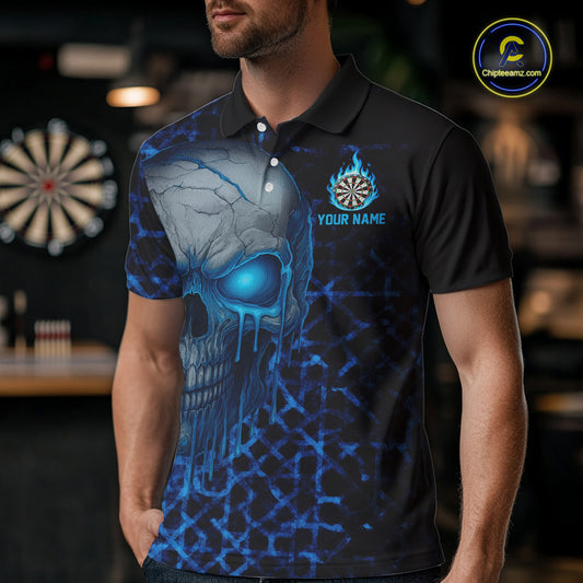 Custom Blue Dripping Skull Darts Polo Shirt For Men Fire Flame Skull Dart League Jerseys NYN2173
