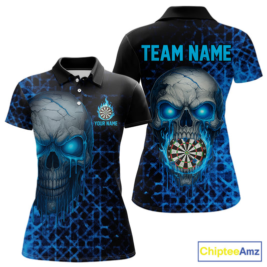 Custom Blue Dripping Skull Darts Polo Shirt For Women Fire Flame Skull Dart League Jerseys NYN2173