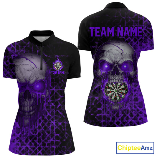 Custom Purple Dripping Skull Darts Quarter-Zip Shirt For Women Fire Flame Skull Dart League Jerseys NYN2174