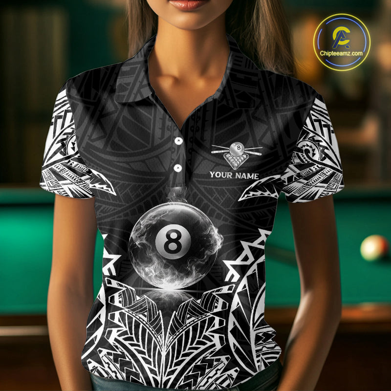 White Tribal Smoke 8 Ball Pool Women Polo & 1/4-Zip Shirt Personalized 3D Ball Billiard Gifts NYN2426
