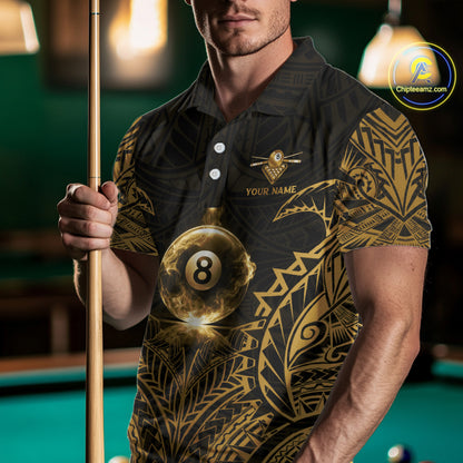 Gold Tribal Smoke 8 Ball Pool Men Polo & 1/4-Zip Shirt Personalized 3D Ball Billiard Gifts NYN2427