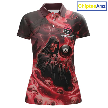 Grim Reaper Red Flames 8 Ball Pool Women Polo & 1/4-Zip Shirt Personalized Skull Billiard Gifts NYN2433