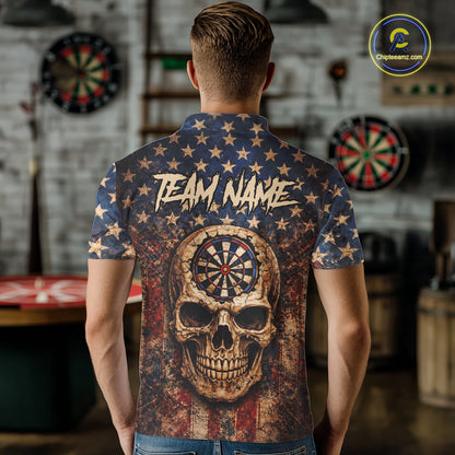 US Flag Retro Cracked Skull Dartboard Men Darts Polo Shirt Custom Patriotic Vintage Dart Shirt NYN2660