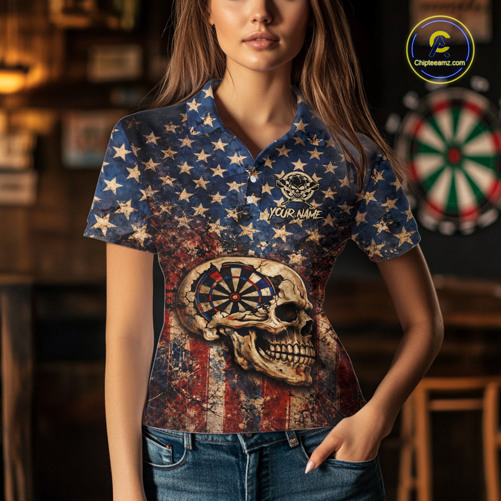 US Flag Retro Cracked Skull Dartboard Women Darts Polo Shirt Custom Patriotic Vintage Dart Shirt NYN2660