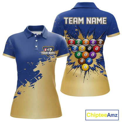 Gold Blue Splatter Billiard Custom Women Billiard Polo & 1/4-Zip Shirts Pool Billiard Team Jerseys NYN3013