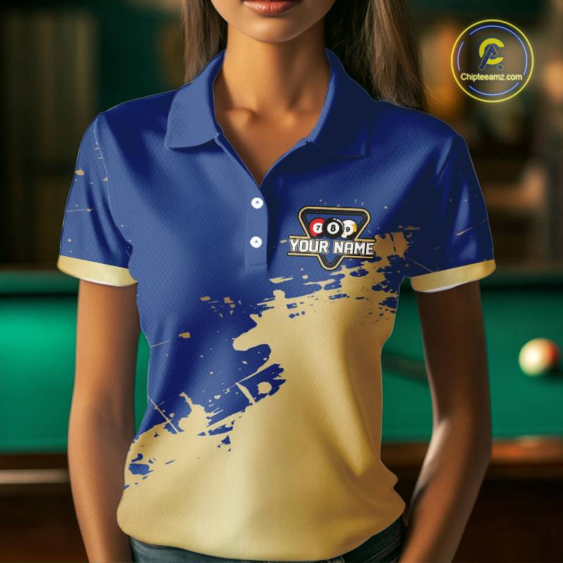 Gold Blue Splatter Billiard Custom Women Billiard Polo & 1/4-Zip Shirts Pool Billiard Team Jerseys NYN3013