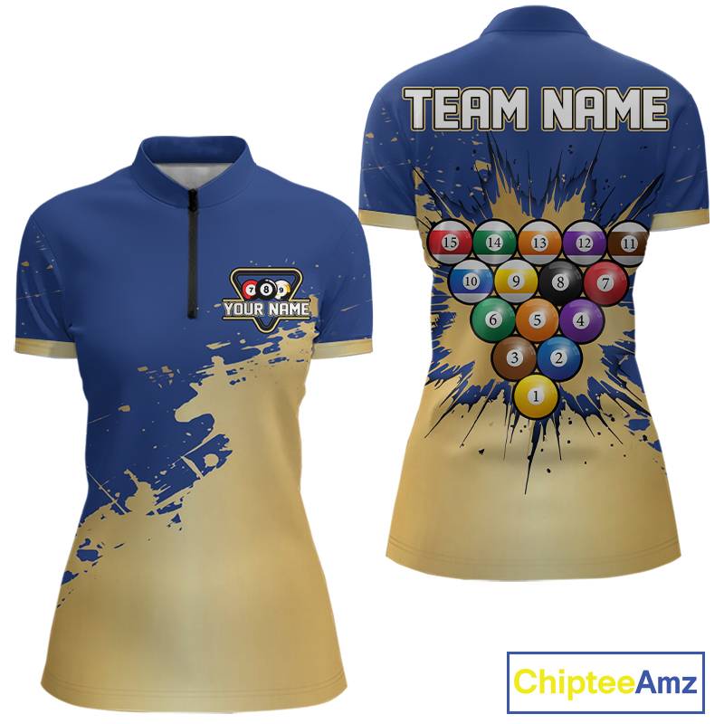 Gold Blue Splatter Billiard Custom Women Billiard Polo & 1/4-Zip Shirts Pool Billiard Team Jerseys NYN3013