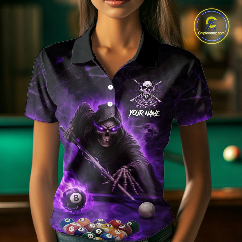 Grim Reaper Plays Billiard Pool Women Billiard Shirts Custom Flame Skull 8 Ball Billiard Team Attire NYN3017