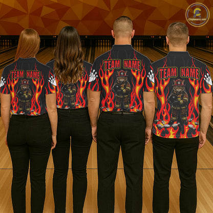 Personalized Funny Cat Firefighter Fire Flame Men Bowling Shirt Custom Team Shirts For Bowlers NYN3191