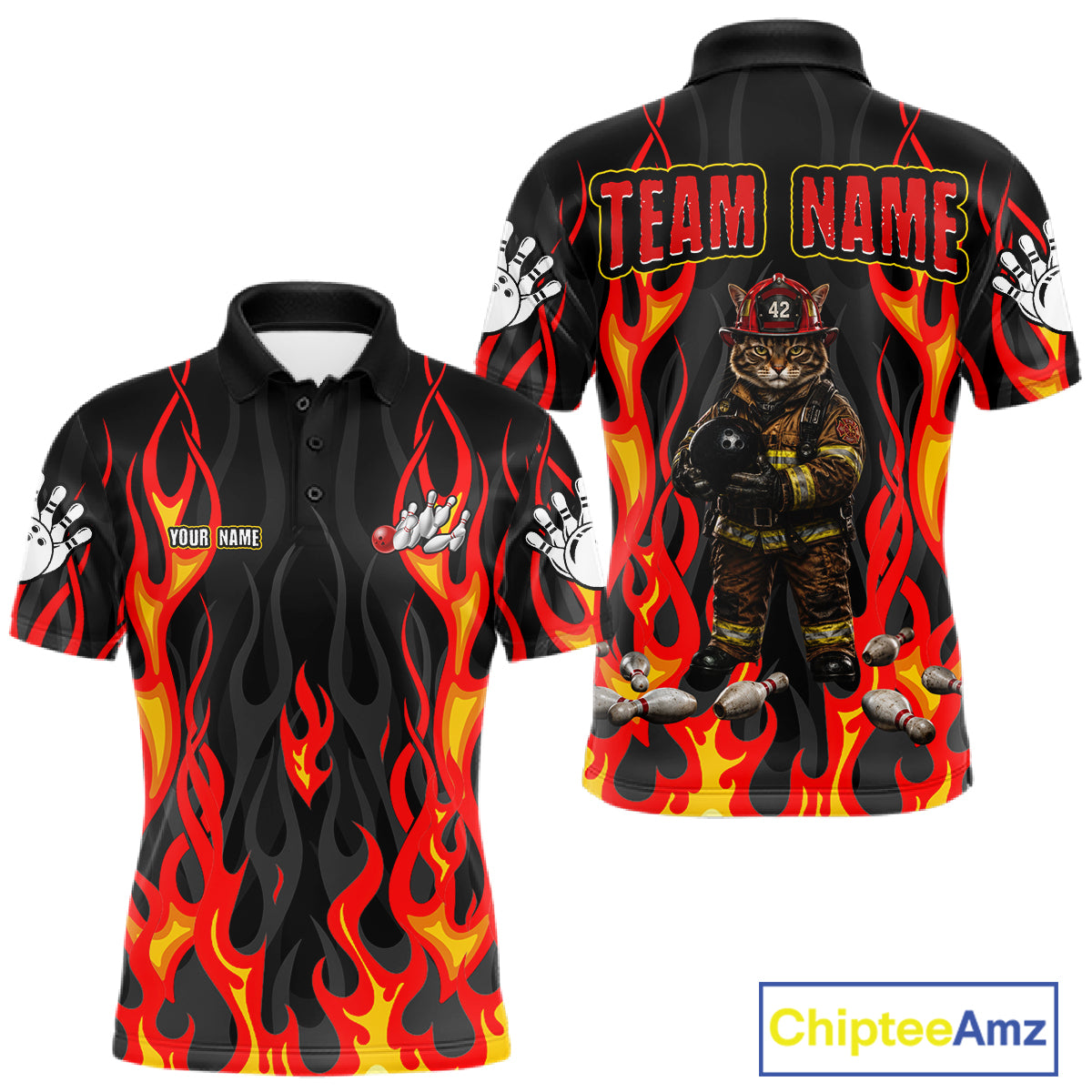 Personalized Funny Cat Firefighter Fire Flame Men Bowling Shirt Custom Team Shirts For Bowlers NYN3191