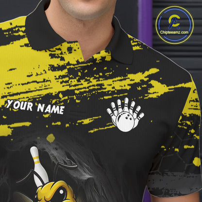 Custom Angry Bee Bowling Shirt Funny Bowling Team League Yellow Grunge Bowling Jersey For Men  NYN3193