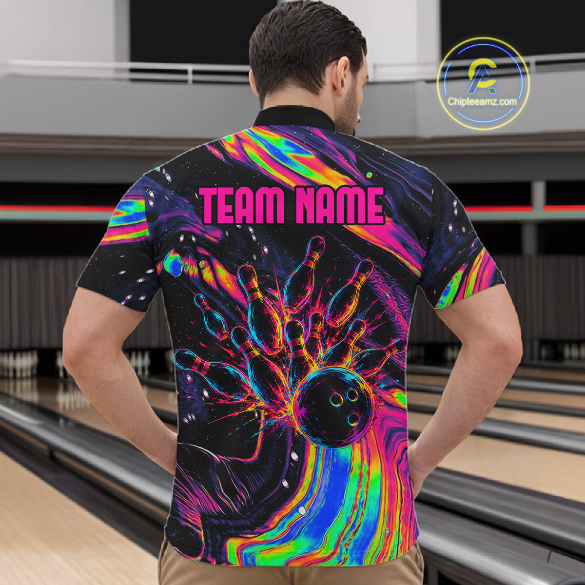 Custom Skull Holographic Bowling Shirt Bowling Team League Colorful Splatter Bowling Shirt For Men  NYN3194