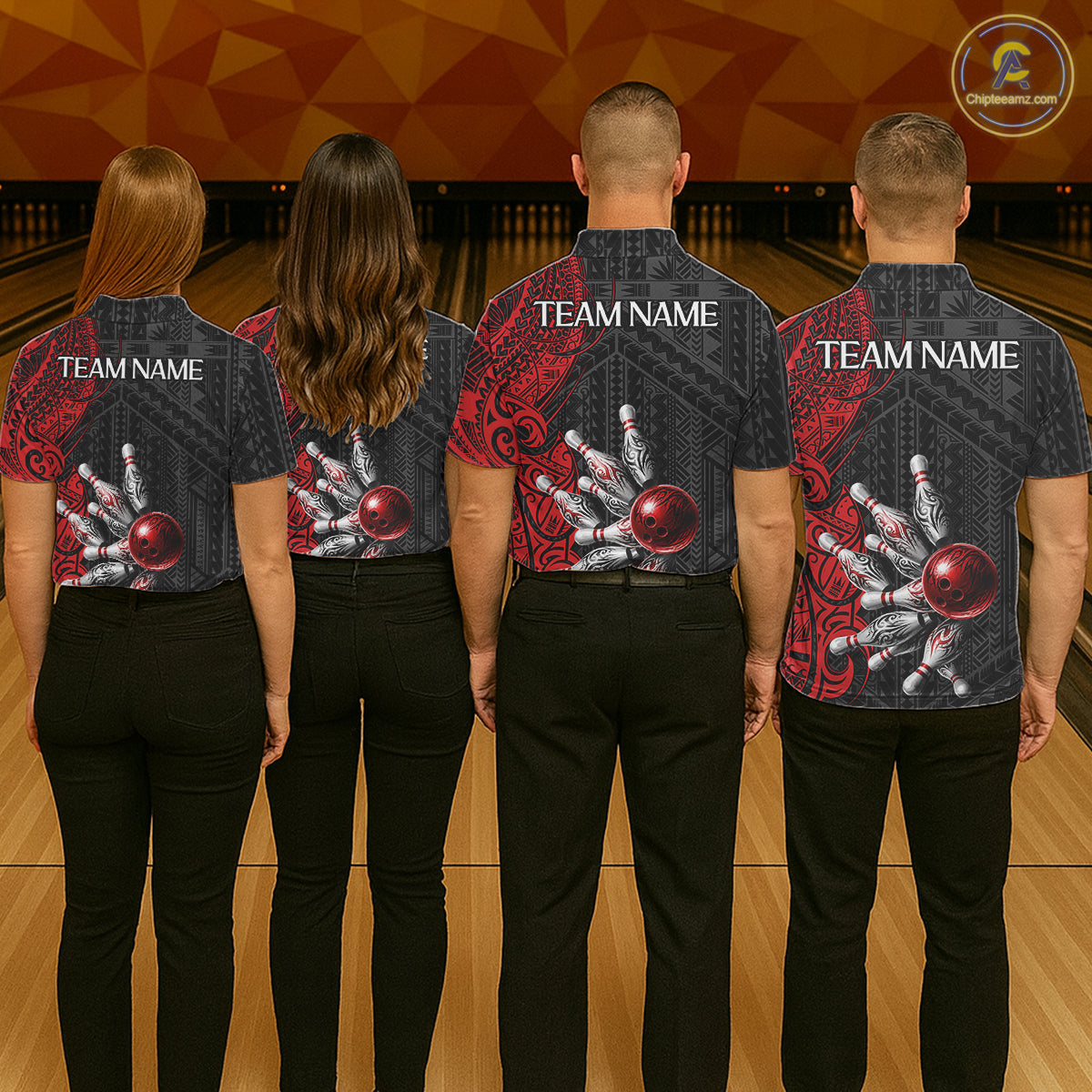 Red And Black Polynesian Tribal Bowling Ball & Pins Shirt For Men Custom Bowling Team Shirts Outfit NYN3201