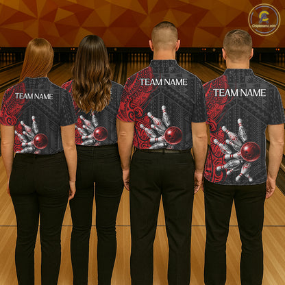 Red And Black Polynesian Tribal Bowling Ball & Pins Shirt For Men Custom Bowling Team Shirts Outfit NYN3201