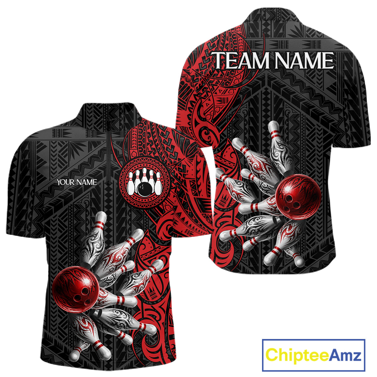 Red And Black Polynesian Tribal Bowling Ball & Pins Shirt For Men Custom Bowling Team Shirts Outfit NYN3201