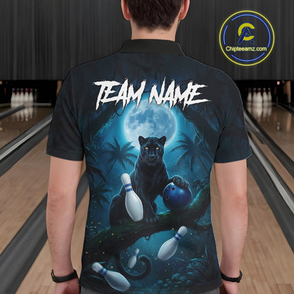 Man wearing horror panther blue moon bowling shirt custom bowling apparel