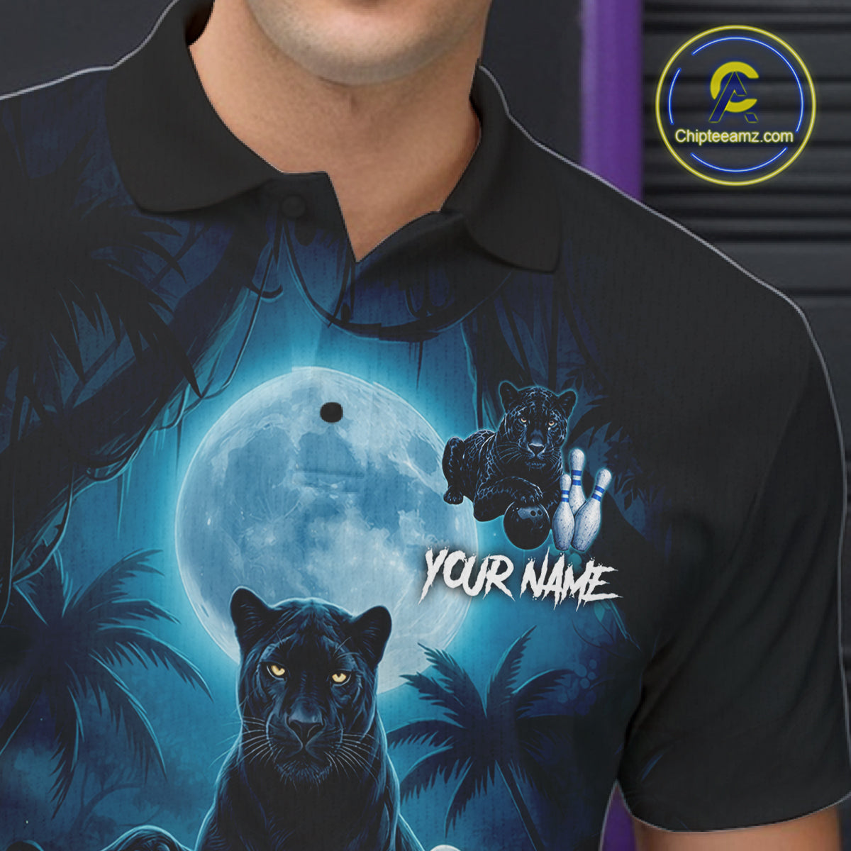 Man wearing horror panther blue moon bowling shirt custom bowling apparel
