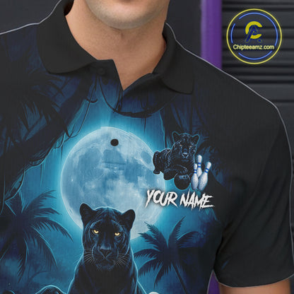 Man wearing horror panther blue moon bowling shirt custom bowling apparel